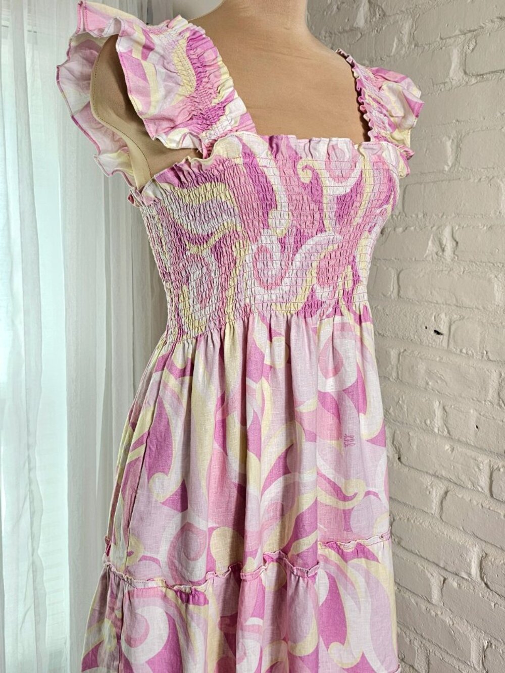 Hill House Ellie Nap Dress Pink Print Smocked Midi Dress Size M - Picture 6 of 10